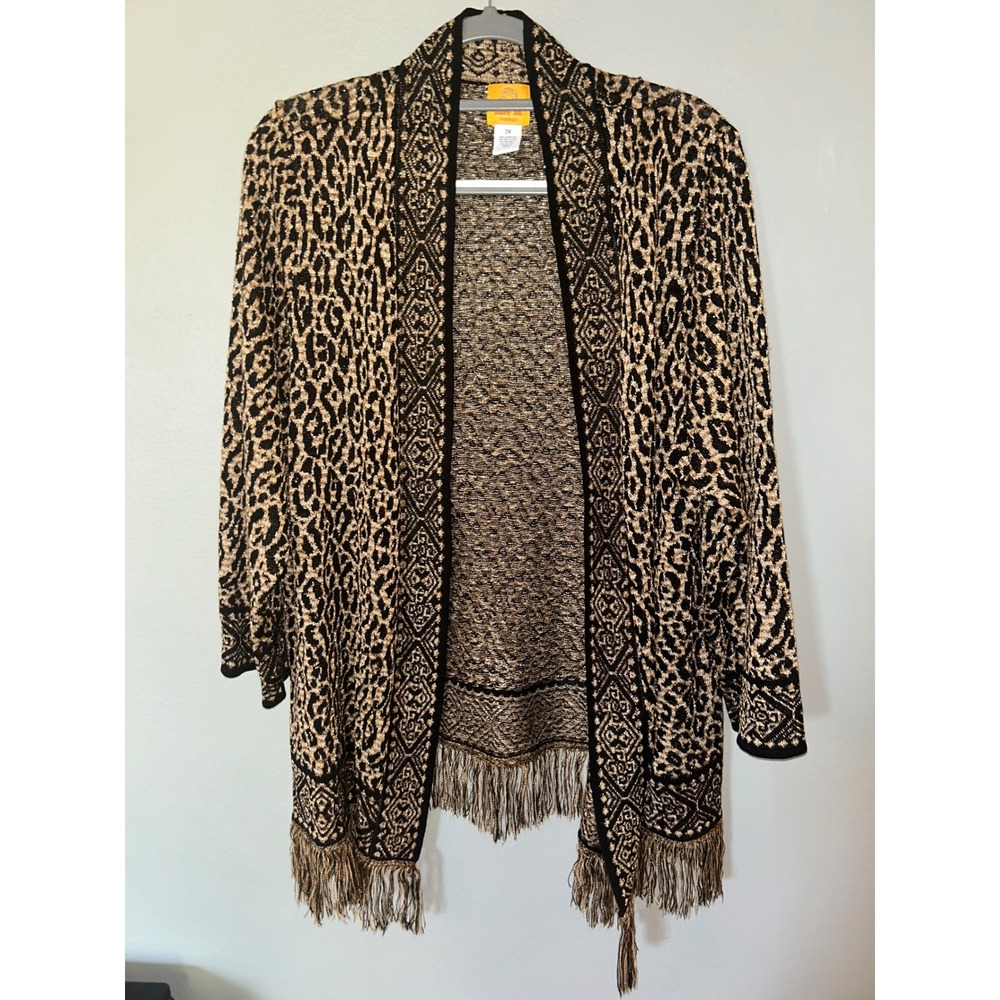 Ruby Rd Cardigan Womens Size 2X Leopard Print Metallic Fringe Mob Wife Aesthetic